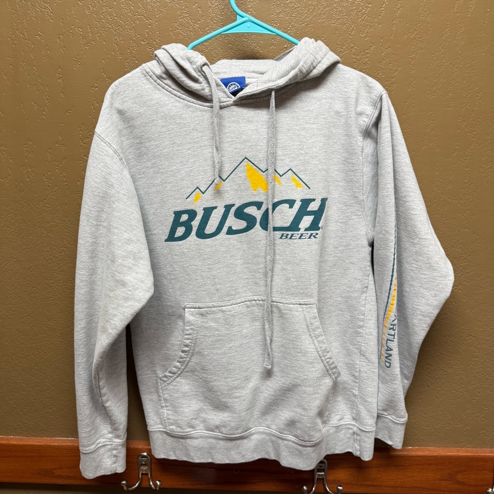 Brew City Busch Beer Gray Hoodie for Men Small Mountain Grown In America’s
